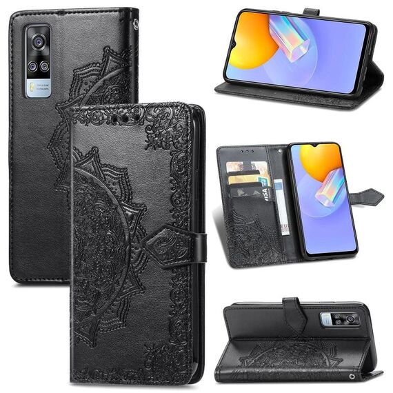 Per vivo Y51 Mandala Pattern Growlass Growding Case in pelle flip orizzontale con supporto e carte Slot & Portafoglio e cordino (nero)