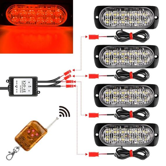 DC12V-24V / 18W Griglia anteriore 4 in 1 Luce lampeggiante stroboscopica di emergenza Pickup 12 LED Luce laterale Controllo wireless 16 modalità (luce rossa)