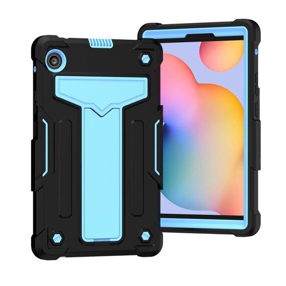 Per Huawei MatePad T8 Staffa a forma di T Colore a contrasto PC antiurto + Custodia protettiva in silicone (nero + blu)