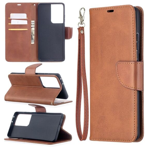 Per Samsung Galaxy S30 Custodia in pelle PU con struttura in pelle di agnello ultra in colore puro con supporto e slot per schede e portafoglio e cordino (marrone)