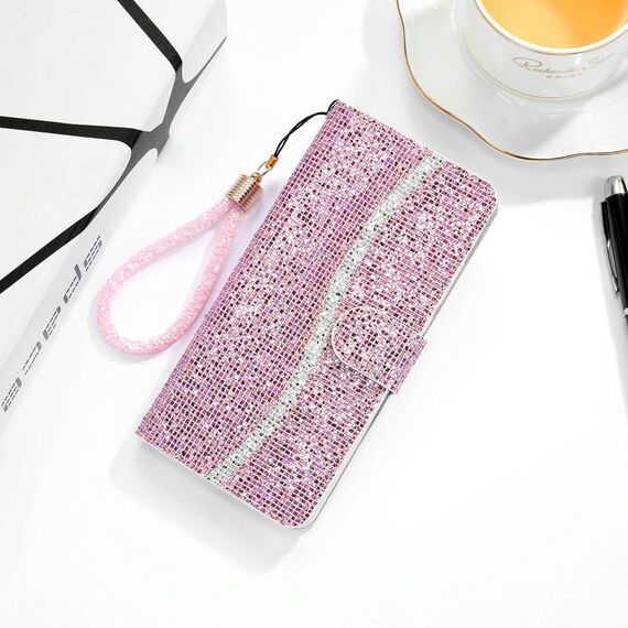 Per Samsung Galaxy S21 Ultra 5G Custodia in pelle con vibrazione orizzontale in polvere glitterata con slot per schede, supporto e cordino (rosa)