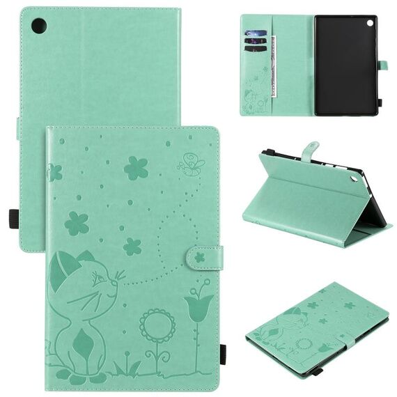 Per Lenovo Tab M10 Plus TB-X606F Cat Bee Embossing Pattern Custodia antiurto per PC da tavolo Custodia protettiva in pelle con vibrazione orizzontale con supporto e slot per schede e portafoglio e slot per penna e funzione sveglia / sonno (verde)