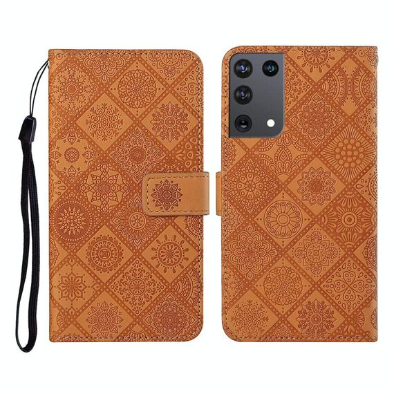 Per Samsung Galaxy S21Ultra 5G Custodia in pelle a ribaltamento orizzontale con motivo in rilievo in stile etnico con supporto e slot per schede, portafoglio e cordino (marrone)