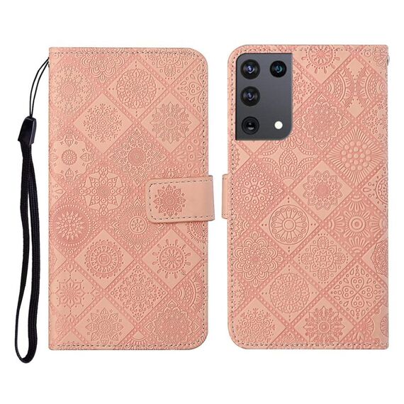 Per Samsung Galaxy S21Ultra 5G Custodia in pelle a ribaltamento orizzontale con motivo in rilievo in stile etnico con supporto e slot per schede, portafoglio e cordino (rosa)