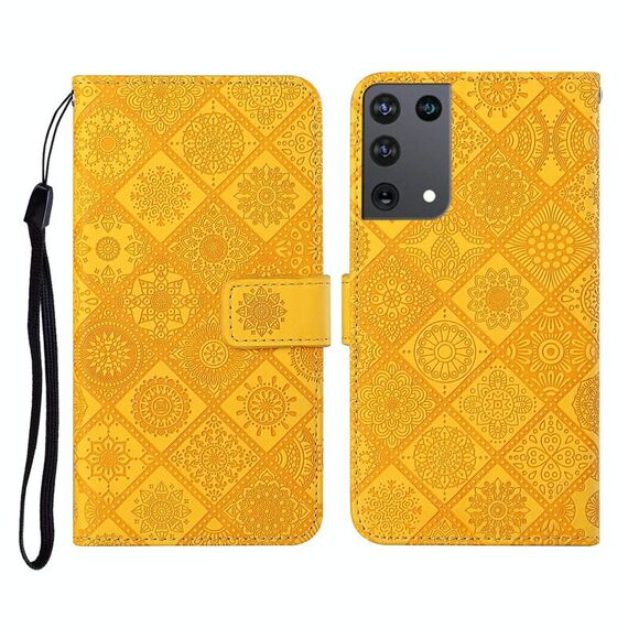 Per Samsung Galaxy S21Ultra 5G Custodia in pelle a ribaltamento orizzontale con motivo in rilievo in stile etnico con supporto e slot per schede, portafoglio e cordino (giallo)