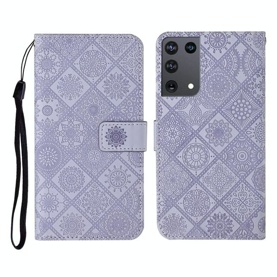 Per Samsung Galaxy S21Ultra 5G Custodia in pelle con vibrazione orizzontale con motivo in rilievo in stile etnico con supporto e slot per schede, portafoglio e cordino
