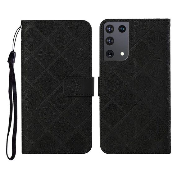 Per Samsung Galaxy S21Ultra 5G Custodia in pelle a ribaltamento orizzontale con motivo in rilievo in stile etnico con supporto e slot per schede, portafoglio e cordino (nero)
