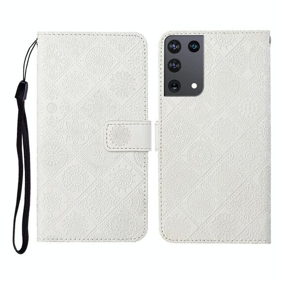 Per Samsung Galaxy S21Ultra 5G Custodia in pelle a ribaltamento orizzontale con motivo in rilievo in stile etnico con supporto e slot per schede, portafoglio e cordino (bianco)