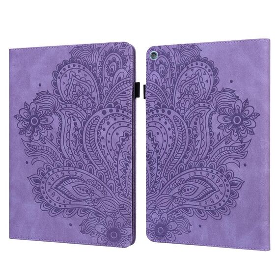 Per Amazon Kindle Fire HD 10 2016/2017/2018/2019 motivo in rilievo pavone TPU + custodia in pelle con vibrazione orizzontale in PU con supporto e slot per schede e portafoglio e funzione sleep / wake-up (viola)