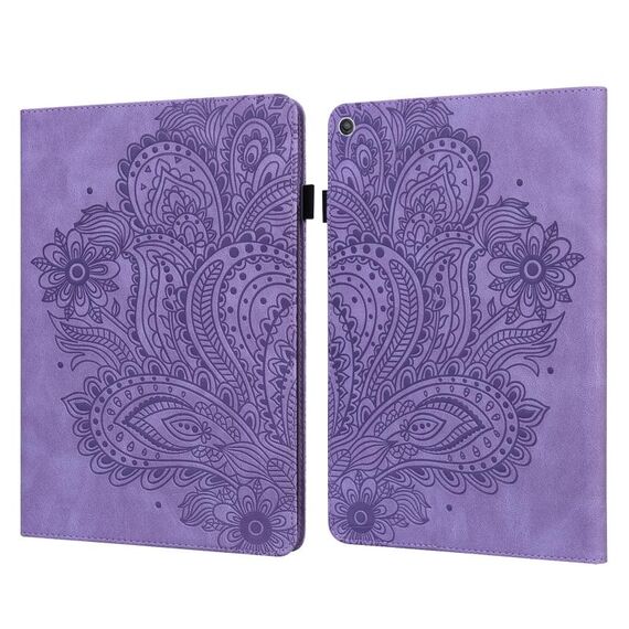 Per Amazon Kindle Fire HD 8 2016/2017/2018/2019 modello in rilievo pavone TPU + custodia in pelle con vibrazione orizzontale in PU con supporto, slot per schede e portafoglio (viola)