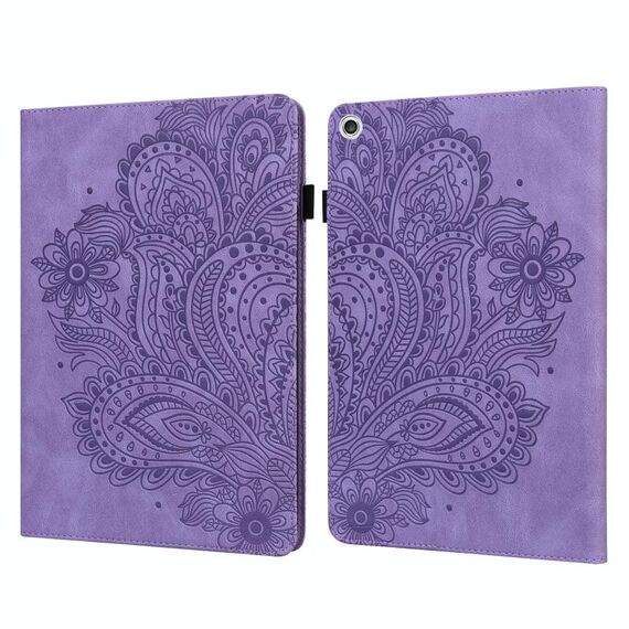 Per Lenovo Tab M10 HD TB-605L X605F Custodia in TPU con motivo goffrato pavone + custodia in pelle con vibrazione orizzontale in PU con supporto e slot per schede e portafoglio e funzione sleep / wake-up (viola)