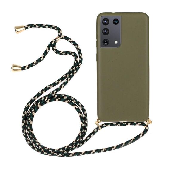 Per Samsung Galaxy S21 Ultra 5G materiale paglia di grano + custodia protettiva in TPU con cordino (verde militare)