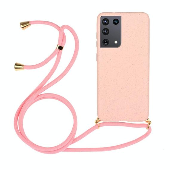 Per Samsung Galaxy S21 Ultra 5G materiale paglia di grano + custodia protettiva in TPU con cordino (rosa)
