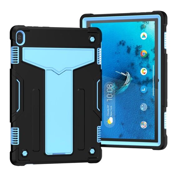 Per Lenovo M10 FHD REL TB-X605F Staffa a forma di T Colore a contrasto PC antiurto + Custodia protettiva in silicone (nero + blu)