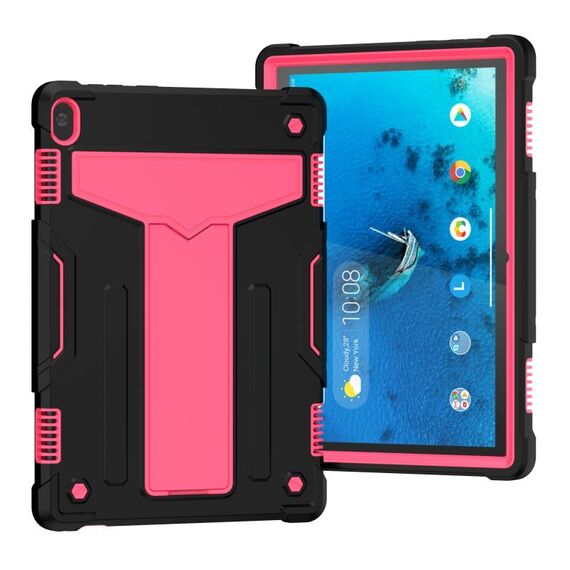 Per Lenovo M10 FHD REL TB-X605F Staffa a forma di T Colore a contrasto PC antiurto + Custodia protettiva in silicone (nero + rosa rossa)