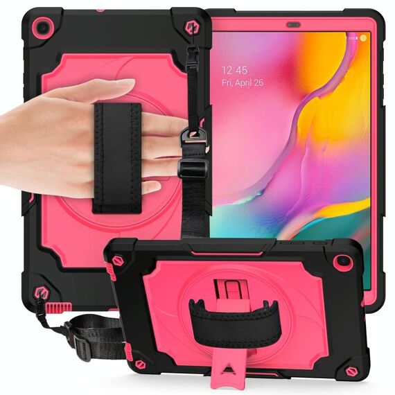 Per Samsung Galaxy Tab A 10.1 (2019) / T515 Giradischi con rotazione di 360 gradi Robot a colori a contrasto Custodia protettiva in silicone antiurto + PC con supporto (nero + rosa rossa)