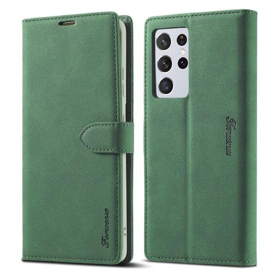 Per Samsung Galaxy S21 Ultra 5G Forwenw F1 Series Custodia in pelle a vibrazione orizzontale con magnetismo forte opaco con supporto e slot per schede e portafoglio e cornice per foto (verde)