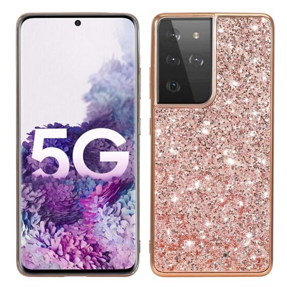 Custodia protettiva in TPU antiurto con polvere glitterata per Samsung Galaxy S21 Ultra 5G (oro rosa)