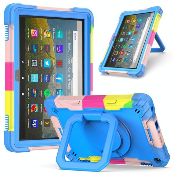 Per Amazon Kindle Fire HD 8 (2020) in silicone antiurto per robot a colori a contrasto + custodia per PC con supporto per cinturino (mimetico + blu)