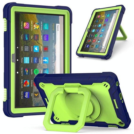 Per Amazon Kindle Fire HD 8 (2020) Custodia in silicone antiurto per robot a colori a contrasto + custodia per PC con supporto per cinturino (blu navy + giallo-verde)