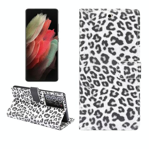 Per Samsung Galaxy S21 Ultra 5G Custodia in pelle a vibrazione orizzontale con motivo leopardato con supporto e slot per schede (bianco)