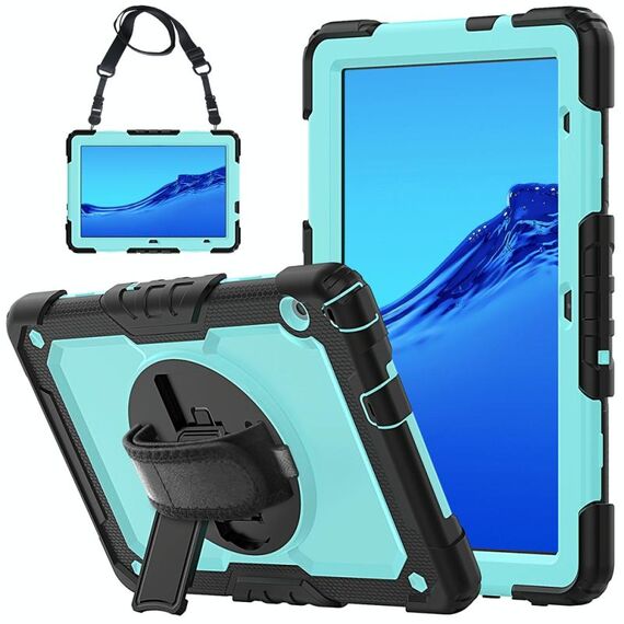 Per Huawei MediaPad T5 antiurto in silicone colorato + custodia protettiva per PC con supporto e tracolla e cinturino a mano (Black Light Blue)