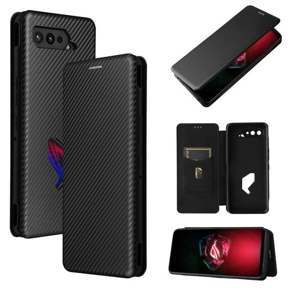 Per ASUS Rog Phone 5 Telefono in fibra di carbonio TPU a flip orizzontale magnetico TPU + PC + PU custodia in pelle con slot per schede (nero)