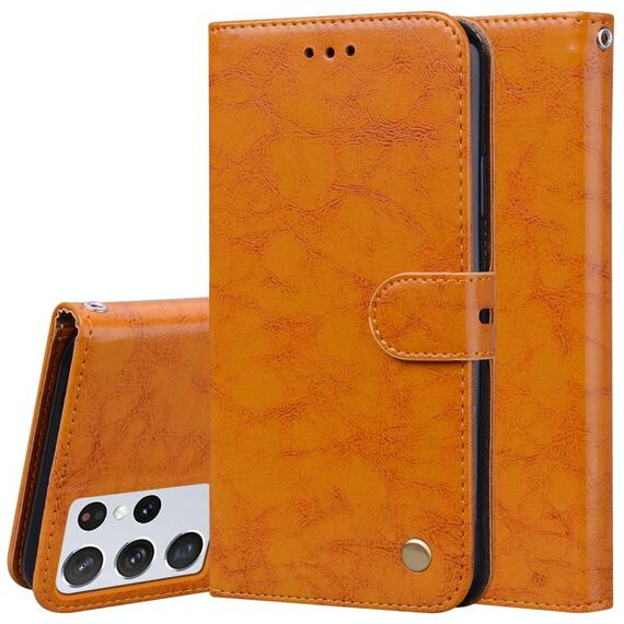 Per Samsung Galaxy S21 Ultra 5G Business Style Oil Wax Texture Custodia in pelle a flip orizzontale con supporto e carta Slot & Portafoglio (Giallo)