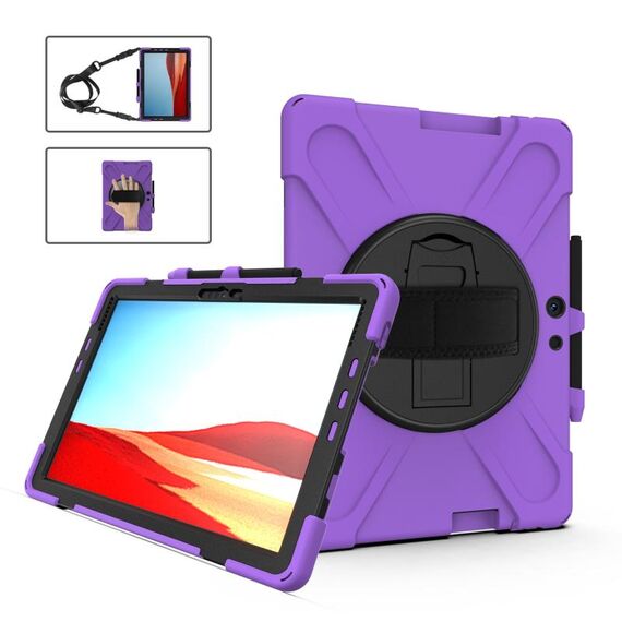Per Microsoft Surface Pro X / Pro X 2021 Custodia protettiva antiurto in silicone colorato + PC con supporto e cinturino da polso e tracolla e slot per penna (viola)