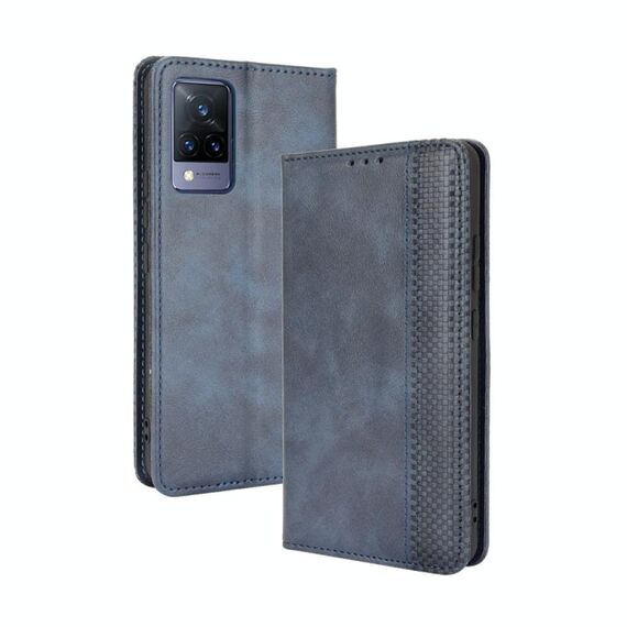 Per vivo v21 5g / 4g fibbia magnetica retrò crazy horse texture orizzontale flip custodia in pelle con supporto e carte slot e cornice fotografica (blu)