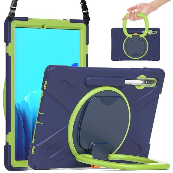 Per Samsung Galaxy Tab S8 + / TAB S8 PLUS / TAB S7 FE / TAB S7 + T970 / T975 Silicone + custodia protettiva in silicone + PC con supporto e tracolla (navyblue + lime)