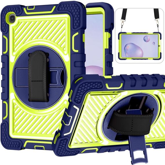 Per Samsung Galaxy Tab A 8.4 2020 T307 T307 Ruotatura a 360 gradi Colore a contrasto Antifondo antiurto + Cassa in silicone + PC con supporto e cinghia per impugnatura a mano e tracolla (navy + giallo verde)