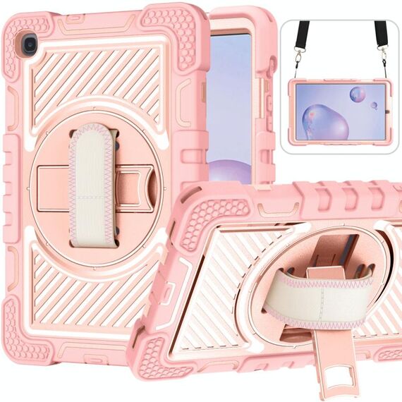 Per Samsung Galaxy Tab A 8.4 2020 T307 T307 Rotazione a 360 gradi Colore a contrasto Antifondo antiurto + Cassa in silicone + PC con supporto e cinghia a punta e tracolla (oro rosa)