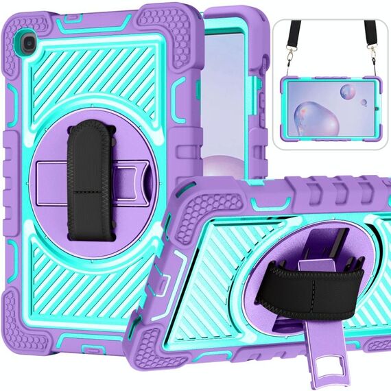 Per Samsung Galaxy Tab A 8.4 2020 T307 T307 Rotazione a 360 gradi Colore a contrasto Silicone antiurto + Cassa in silicone + PC con supporto e cinturino a maniglia e tracolla (viola + menta verde)