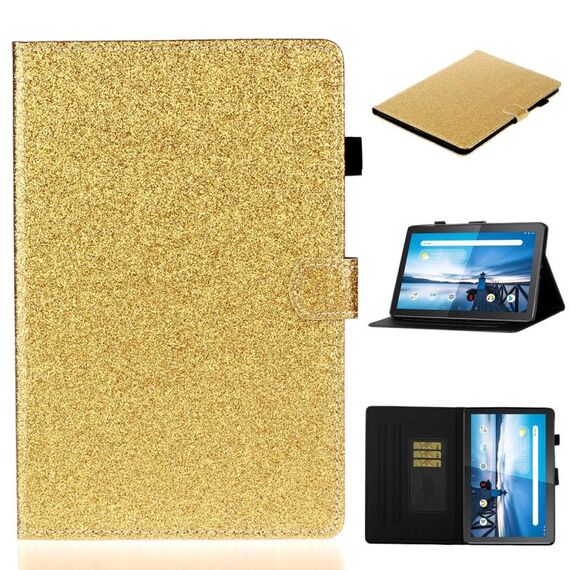 Per Lenovo Tab M10 TB-X605F / X505 Custodia in pelle con vibrazione orizzontale lucida in polvere glitterata con supporto e slot per scheda (oro)