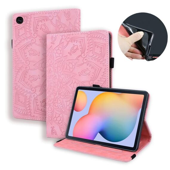 Per Samsung Galaxy Tab S6 Lite Custodia in pelle goffrata con motivo a polpaccio doppio design pieghevole con supporto e slot per schede e slot per penna e fascia elastica (rosa)
