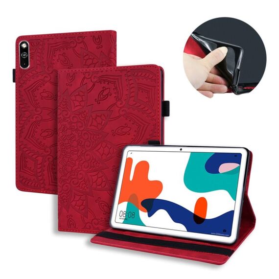 Per Huawei MatePad 10.4 Custodia in pelle goffrata design a doppia piegatura con motivo a vitello con supporto e slot per schede e slot per penna e fascia elastica (rosso)