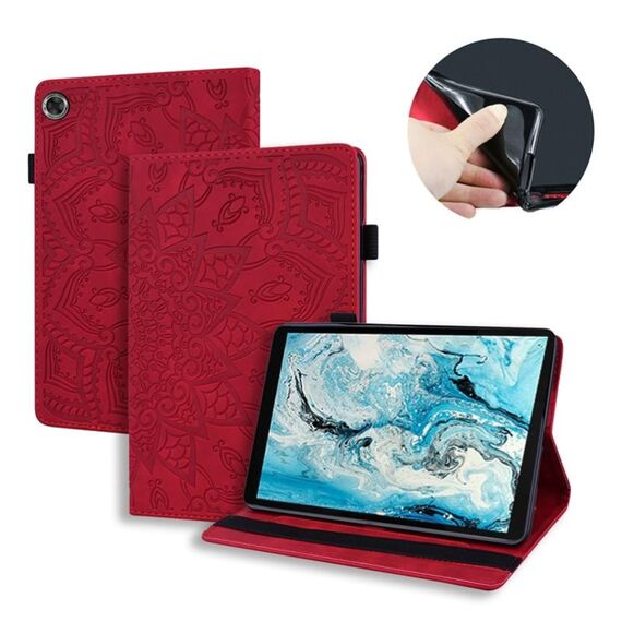 Per Lenovo Tab M8 TB-8505F 8505X 8.0 Custodia in pelle goffrata con design a doppia piegatura in vitello con supporto e slot per schede, slot per penna e fascia elastica (rosso)