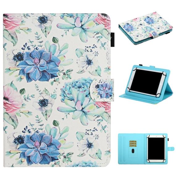 Per Tablet PC universale da 7 pollici, motivo floreale, custodia in pelle a vibrazione orizzontale con slot per schede e supporto (fiore blu su bianco)