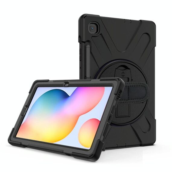 Per Samsung Galaxy Tab S6 Lite P610 Custodia protettiva antiurto in silicone colorato + PC con supporto e tracolla e tracolla e slot per penna (nero)