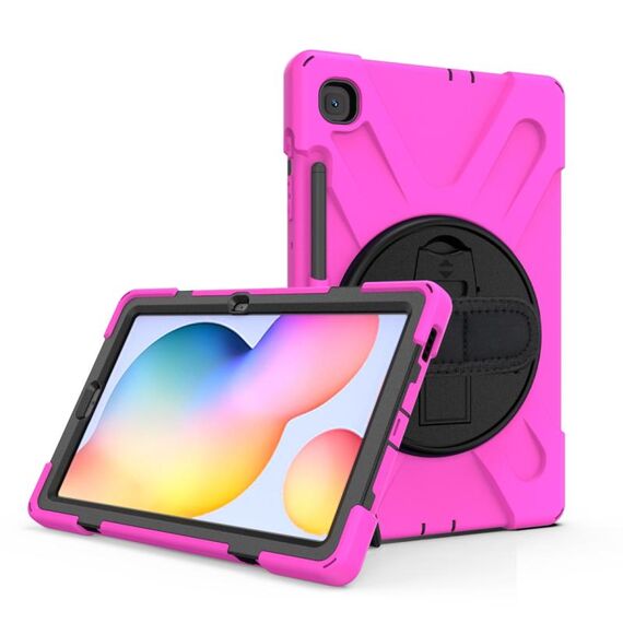Per Samsung Galaxy Tab S6 Lite P610 Custodia protettiva antiurto in silicone colorato + PC con supporto e tracolla e tracolla e slot per penna (rosa rossa)