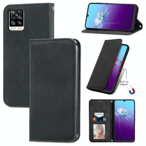 Per Vivo V20 2021 Retro Skin Self Business Business Magnetic Horizontal Custodia in pelle flip con titolare e slot per schede e portafoglio e cornice fotografica (nero)