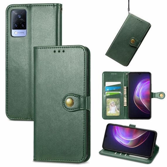 Per vivo V21 5G Cassa del telefono in pelle massello di colore solido con cordino e cornice e slot per carte e portafoglio e portafoglio e portafoglio (verde)