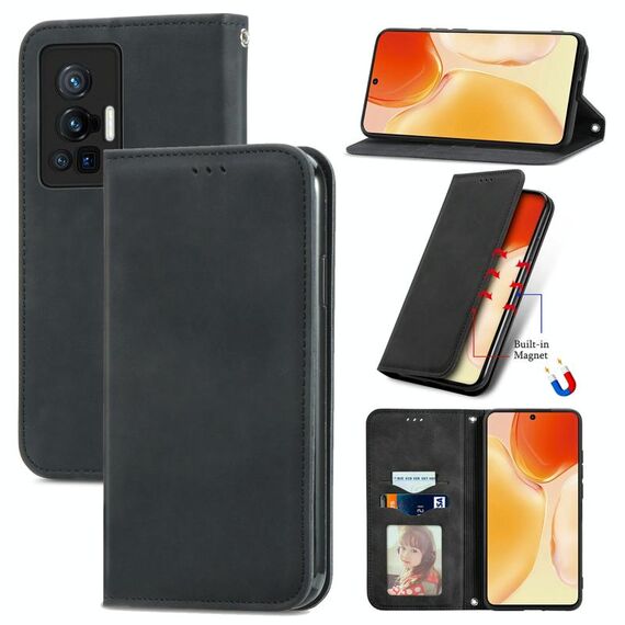 Per Vivo X70 Pro Retro Skin Self Affari Business Magnetic Horizontal Custodia in pelle flip con supporto e carte Slot & Portafoglio e cornice fotografica (nero)