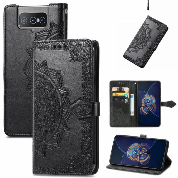Per Asus Zenfone 8 Flip Mandala Goffing Pattern Caso di cuoio orizzontale in pelle orizzontale con supporto e carte Slot & Portafoglio e cordino (nero)
