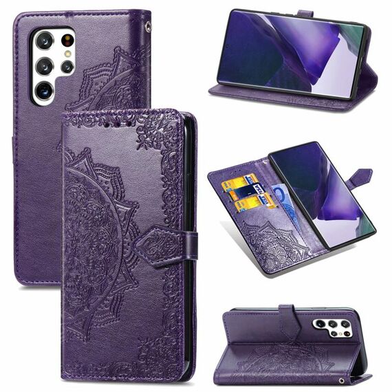 Per Samsung Galaxy S22 Ultra 5G Mandala Flower Gembito in pelle orizzontale in pelle orizzontale con supporto e carta Slot & Portafoglio e cordino (viola)