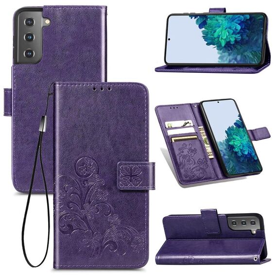 Per Samsung Galaxy S22 5G Cassa del telefono in pelle in pelle in rilievo a quattro foglie con cordino e slot per cartoncino e portafoglio e funzione Staffa (viola)