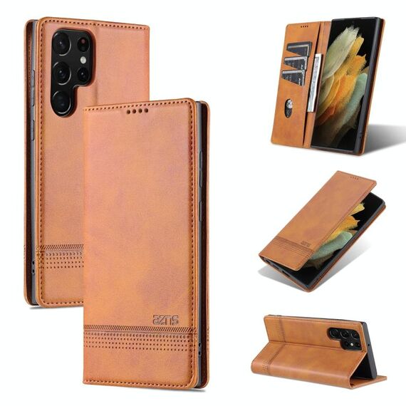 Per Samsung Galaxy S22 Ultra 5G Azns magnetico texture di vitello orizzontale in pelle flip in pelle (marrone chiaro)
