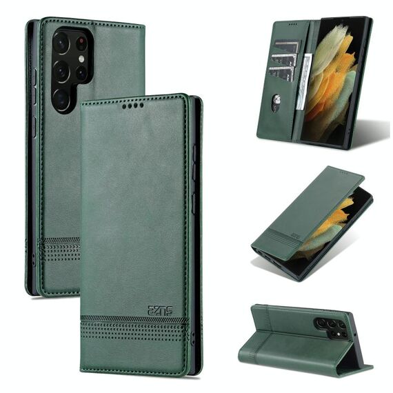 Per Samsung Galaxy S22 Ultra 5G Azns magnetico texture di vitello orizzontale flip custodia in pelle (verde scuro)