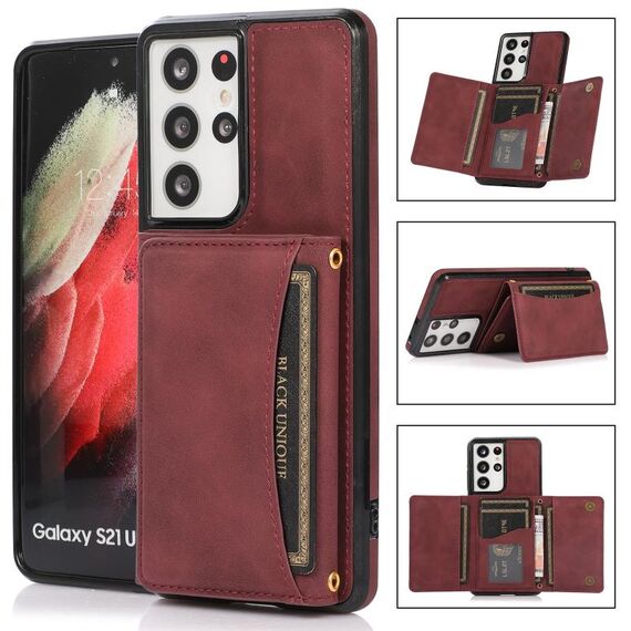 Per Samsung Galaxy S21 Custodia per cellulare Ultra Three-Piegata con slot e portafoglio e supporto per carte (vino rosso)